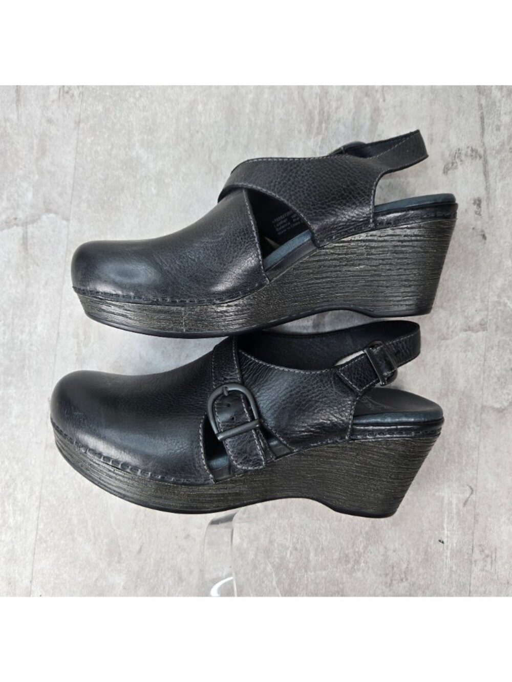 Dansko Platform Clogs 38 Black Leather Slingback Comfort Chunky Wedge Work Shoe - Picture 7 of 12